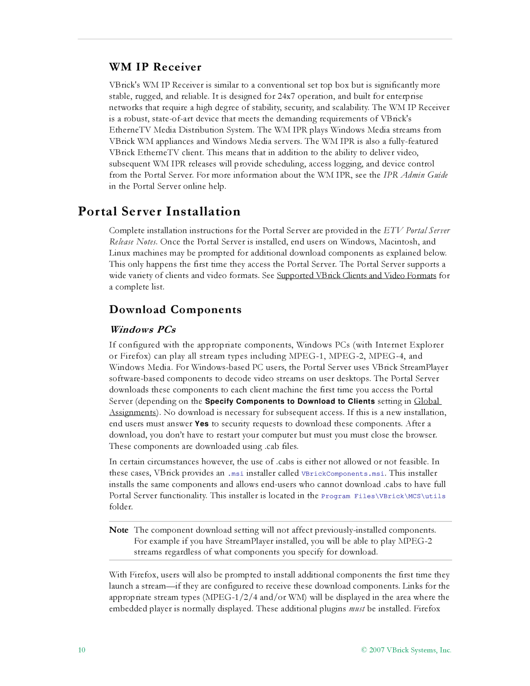 VBrick Systems ETV v4.1 manual Portal Server Installation, WM IP Receiver, Download Components, Windows PCs 