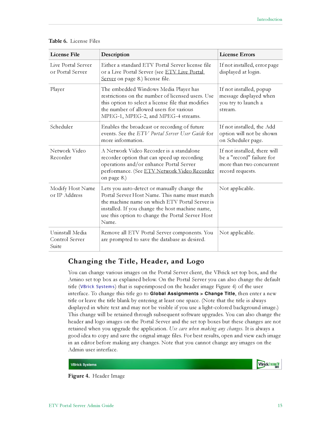 VBrick Systems ETV v4.1 manual Changing the Title, Header, and Logo, License File Description License Errors 