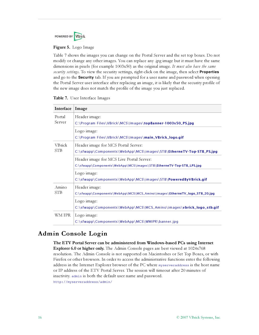 VBrick Systems ETV v4.1 manual Admin Console Login, Interface Image 