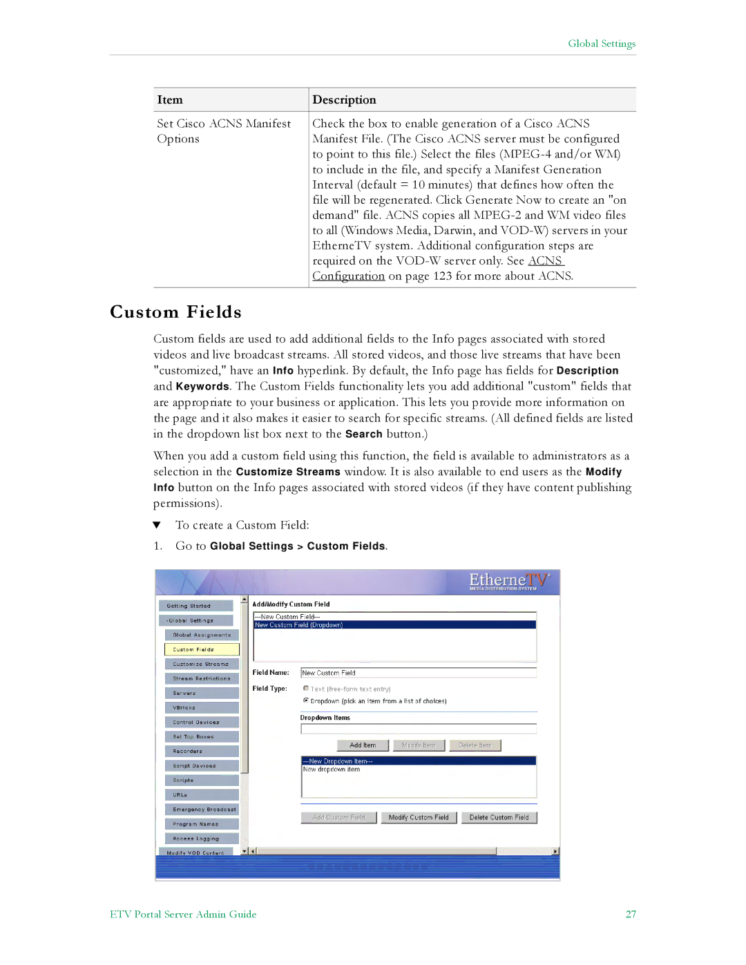 VBrick Systems ETV v4.1 manual Custom Fields 