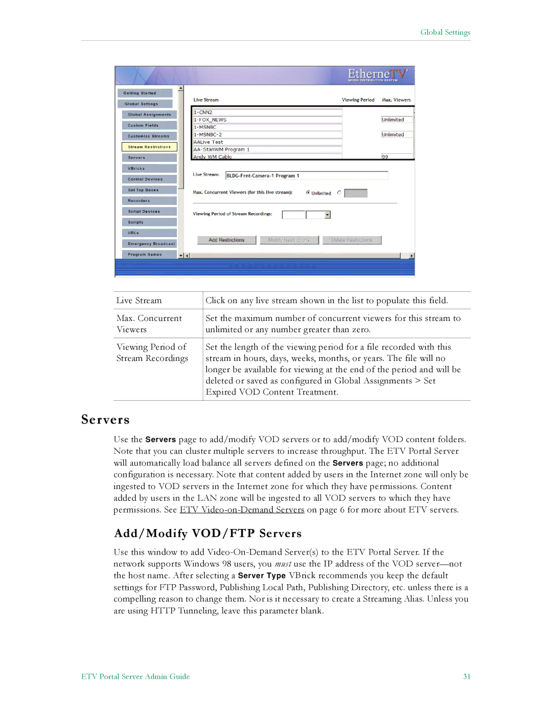 VBrick Systems ETV v4.1 manual Add/Modify VOD/FTP Servers 