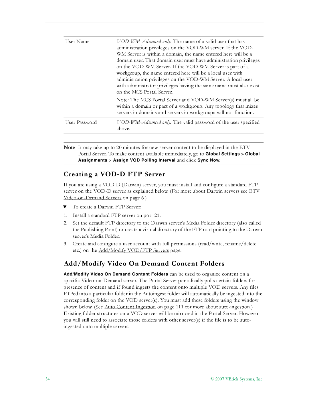 VBrick Systems ETV v4.1 manual Creating a VOD-D FTP Server, Add/Modify Video On Demand Content Folders 