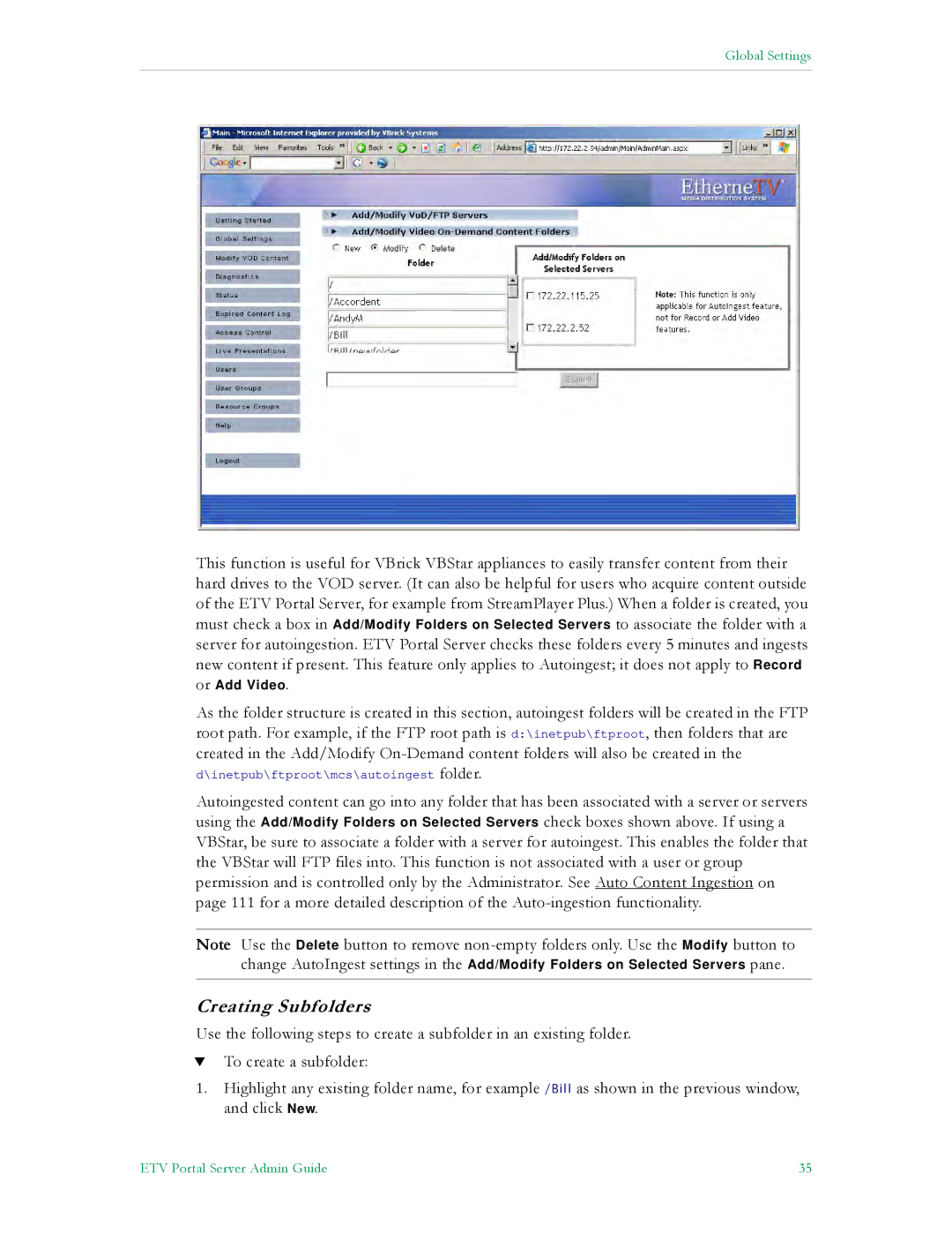 VBrick Systems ETV v4.1 manual Creating Subfolders 