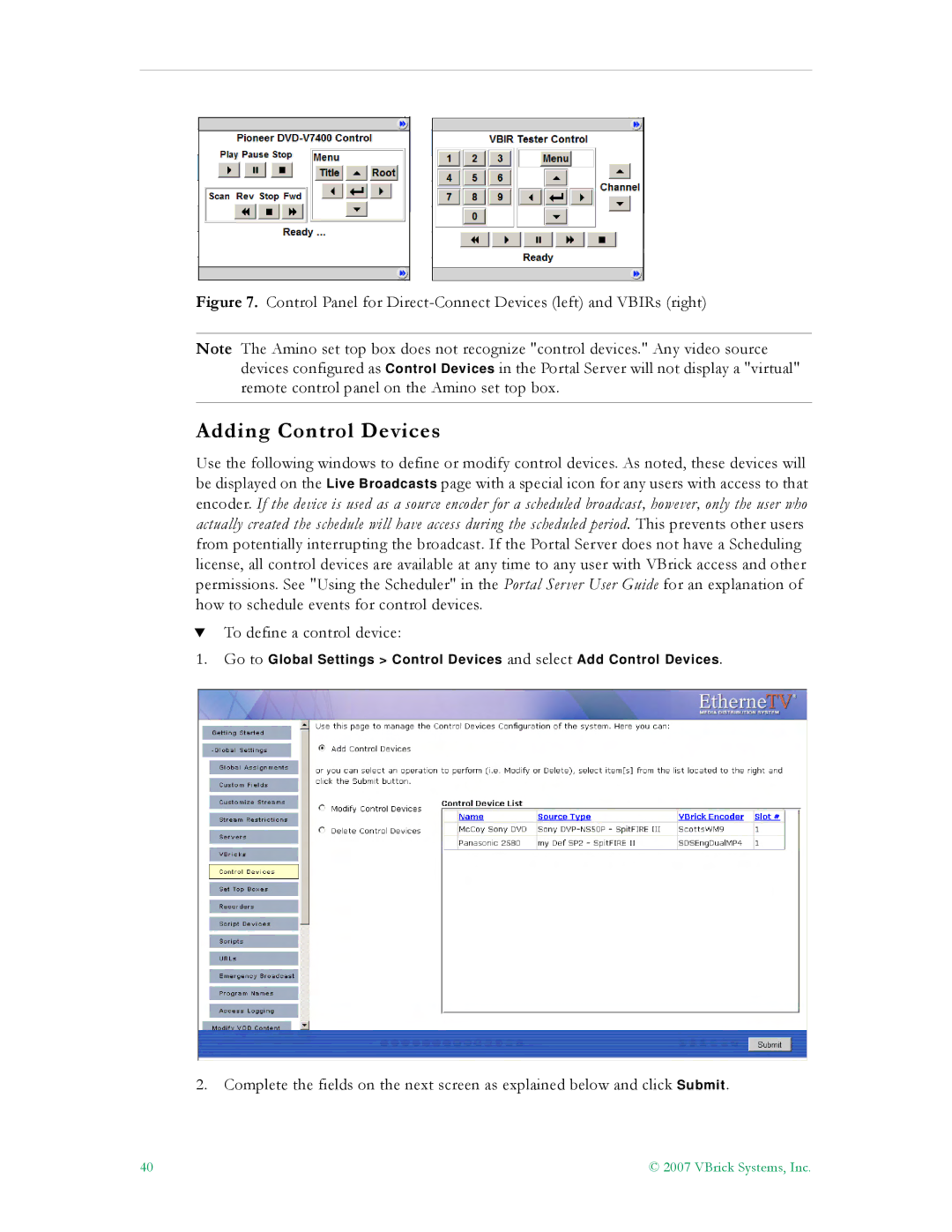 VBrick Systems ETV v4.1 manual Adding Control Devices 