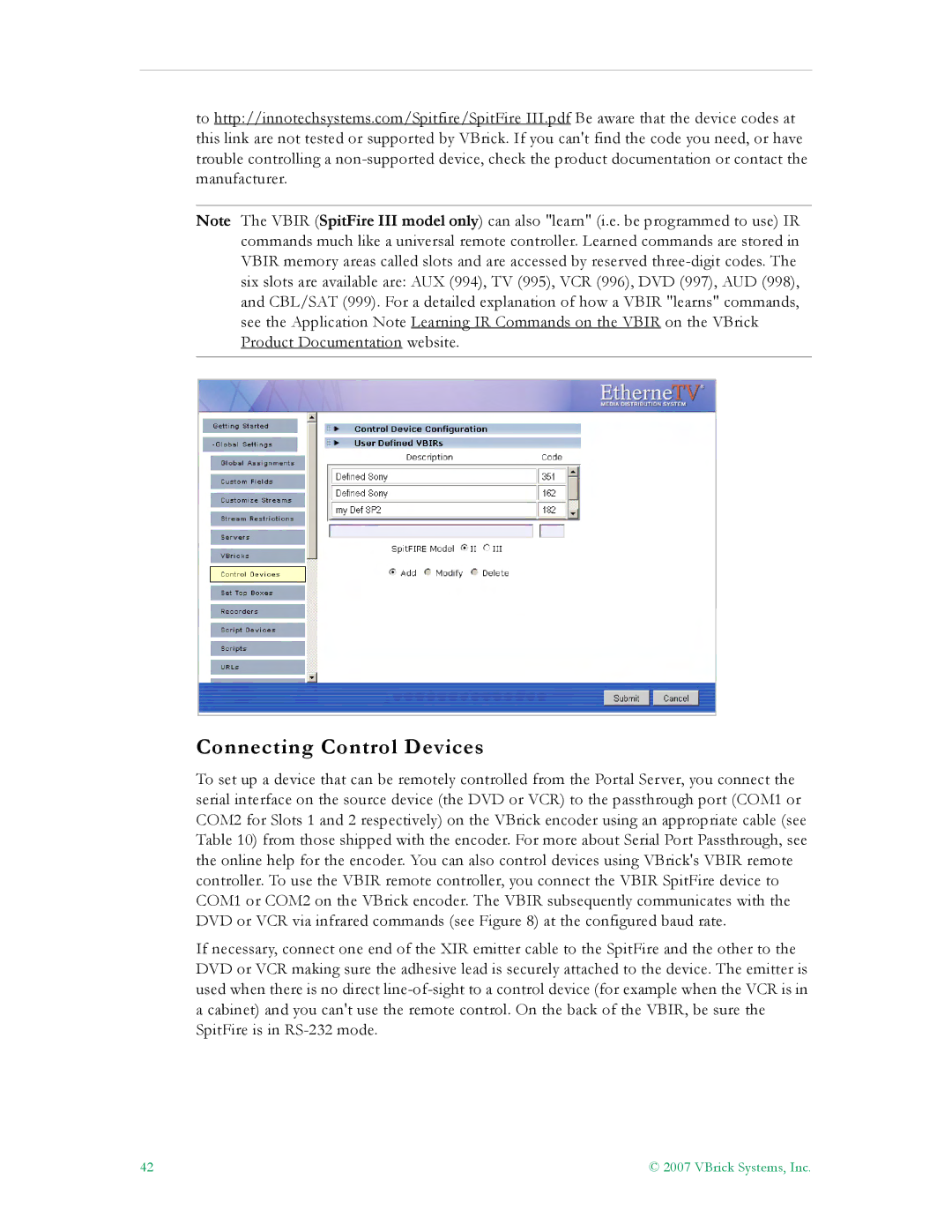 VBrick Systems ETV v4.1 manual Connecting Control Devices 