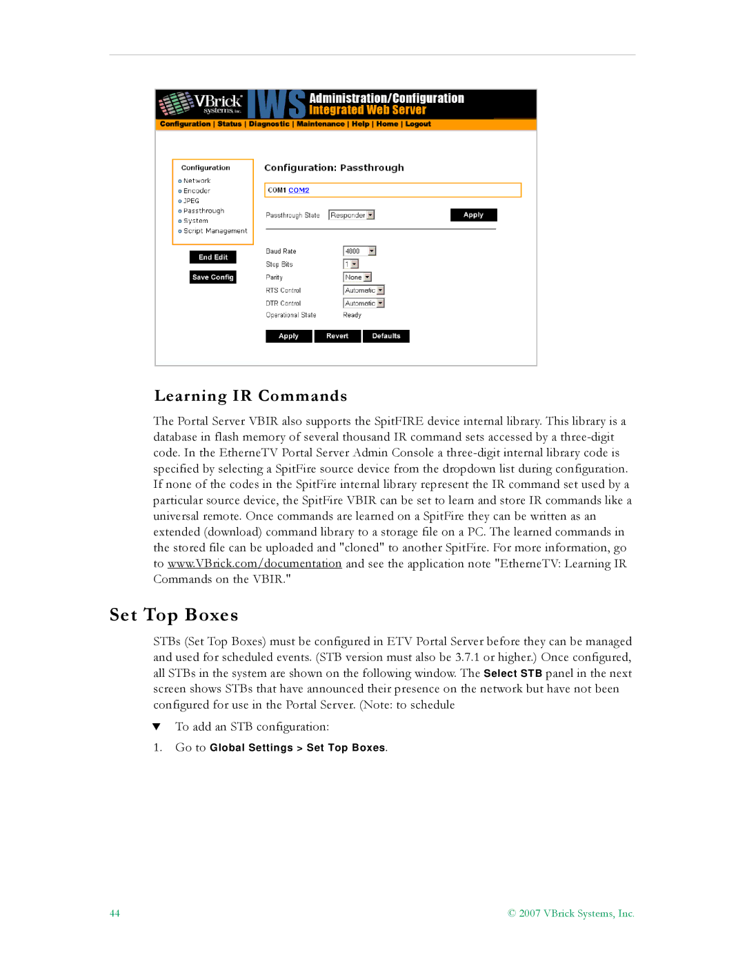 VBrick Systems ETV v4.1 manual Set Top Boxes, Learning IR Commands 