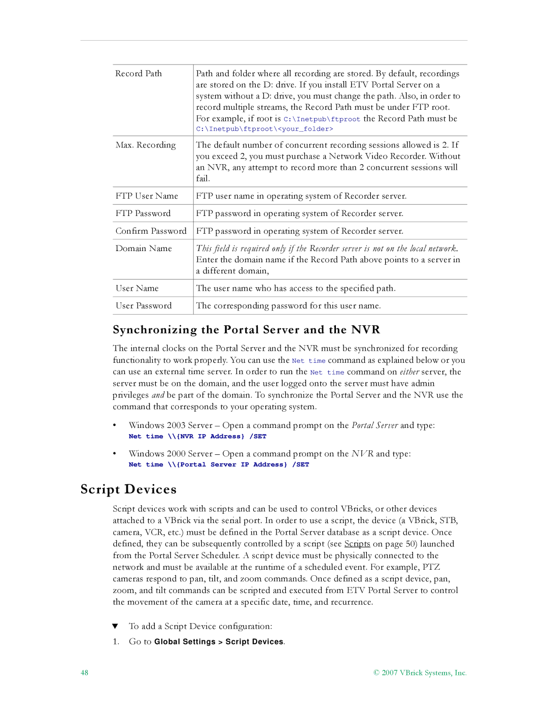 VBrick Systems ETV v4.1 manual Script Devices, Synchronizing the Portal Server and the NVR 