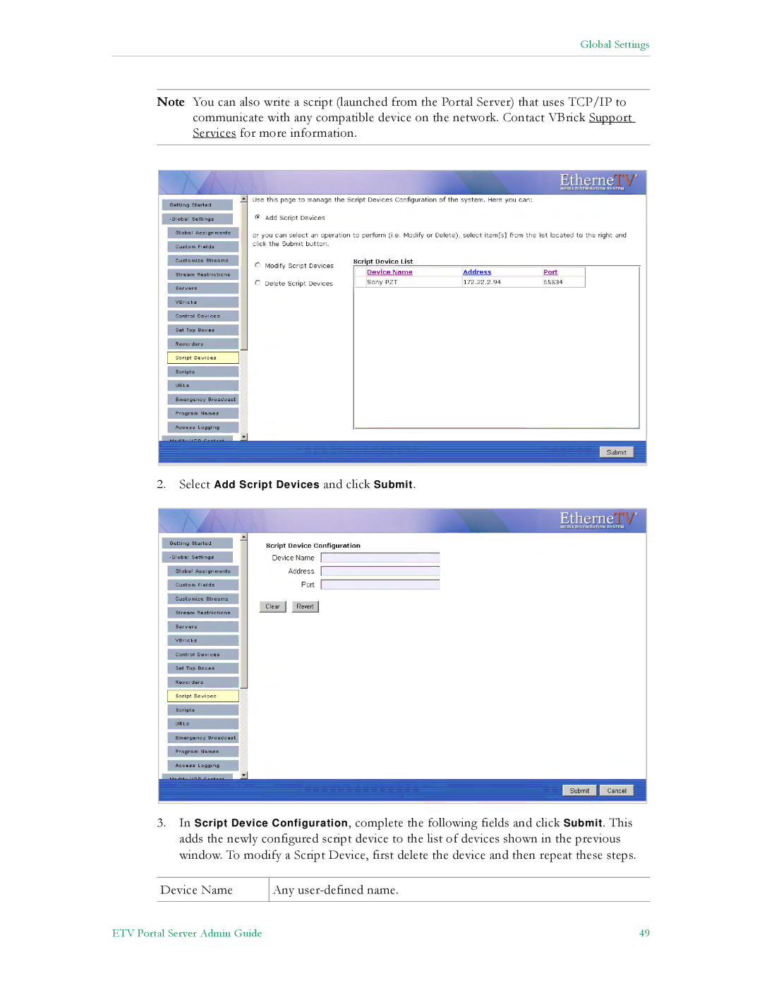 VBrick Systems ETV v4.1 manual Select Add Script Devices and click Submit 