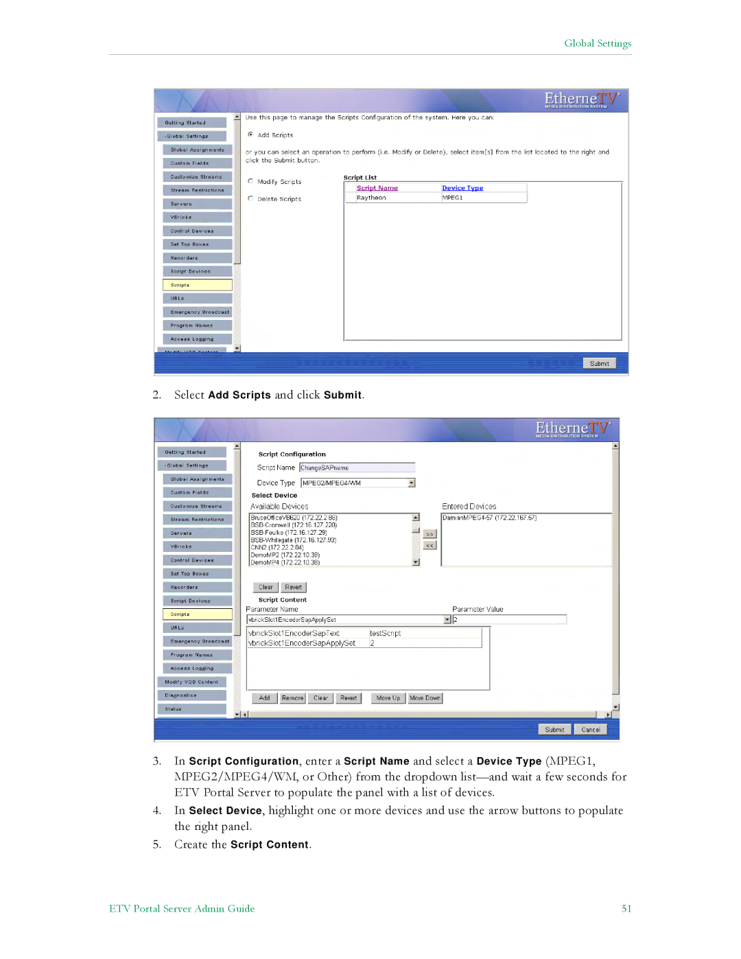 VBrick Systems ETV v4.1 manual Select Add Scripts and click Submit 