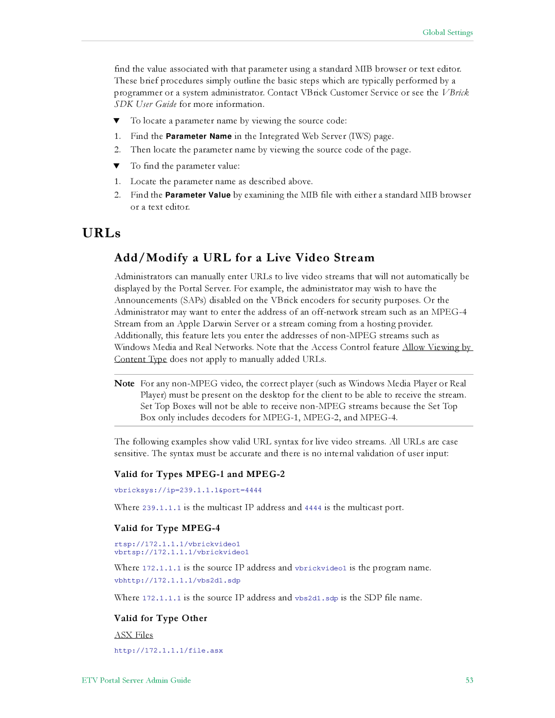 VBrick Systems ETV v4.1 manual URLs, Add/Modify a URL for a Live Video Stream, Valid for Types MPEG-1 and MPEG-2 