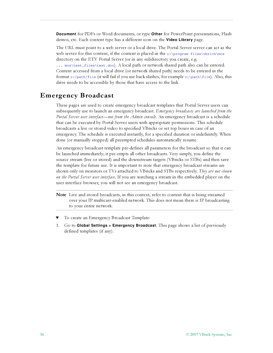 VBrick Systems ETV v4.1 manual Emergency Broadcast 