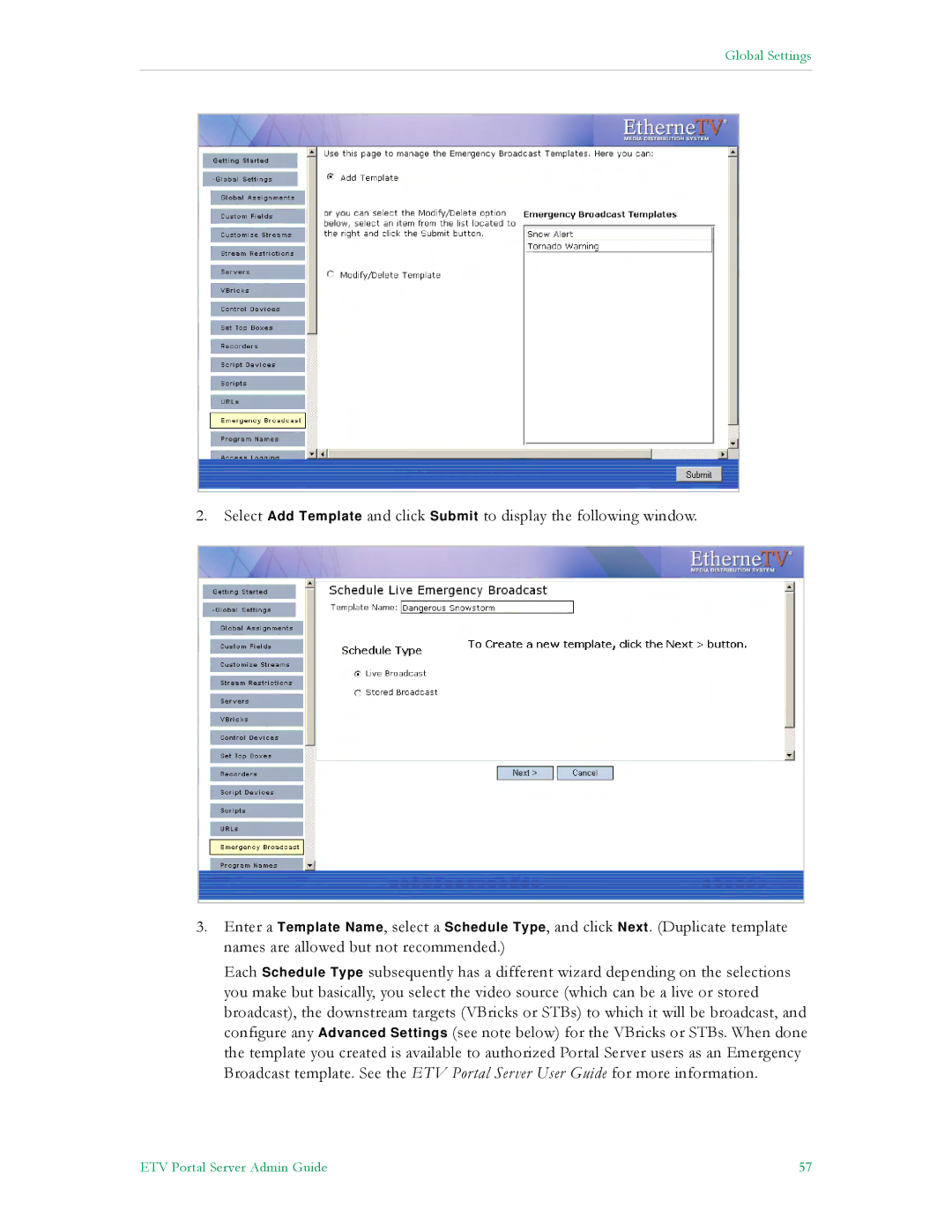 VBrick Systems ETV v4.1 manual Global Settings 