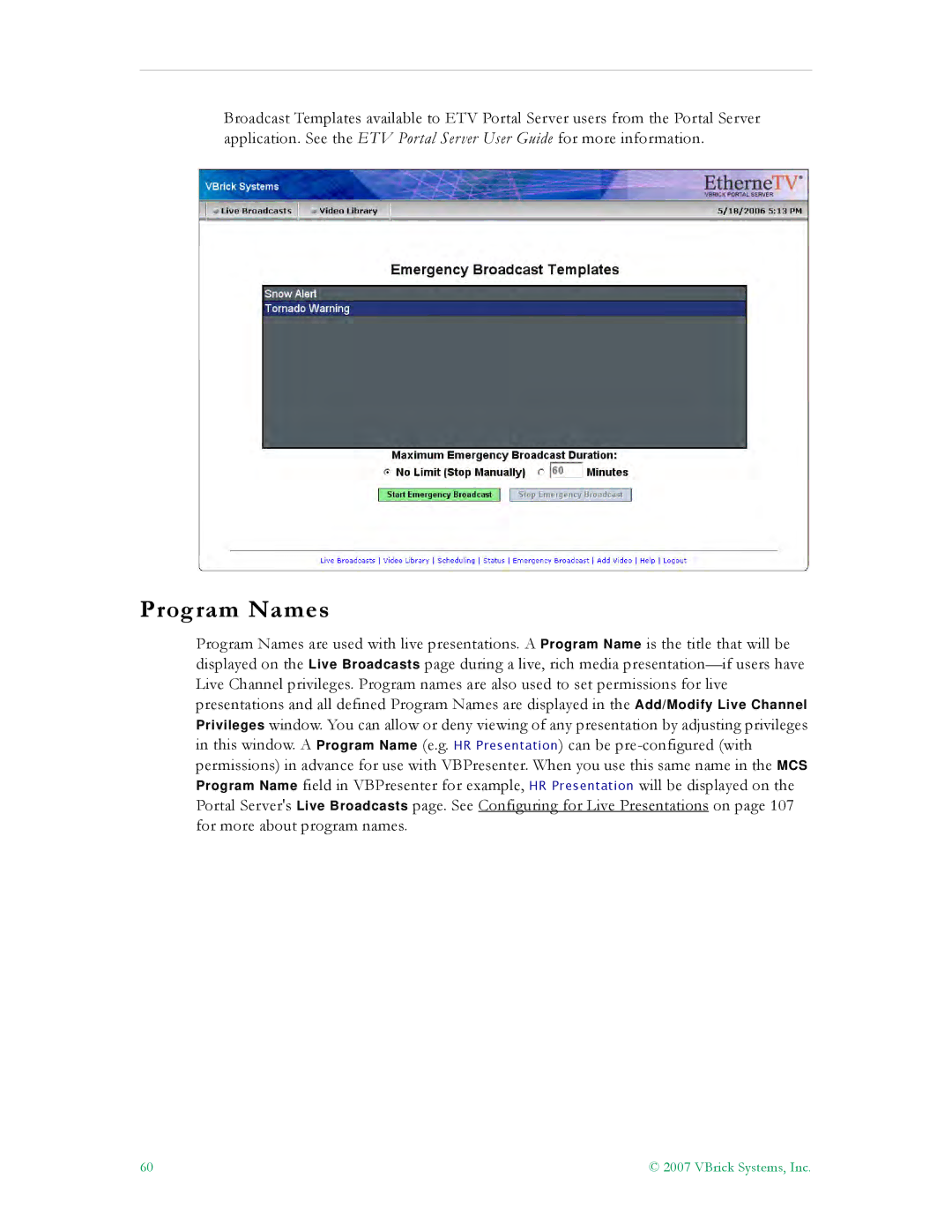 VBrick Systems ETV v4.1 manual Program Names 