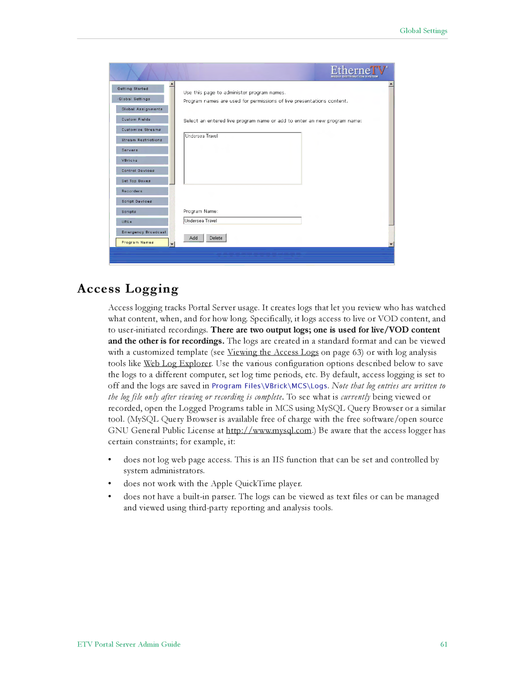 VBrick Systems ETV v4.1 manual Access Logging 