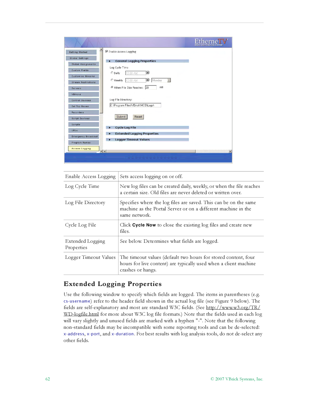 VBrick Systems ETV v4.1 manual Extended Logging Properties 