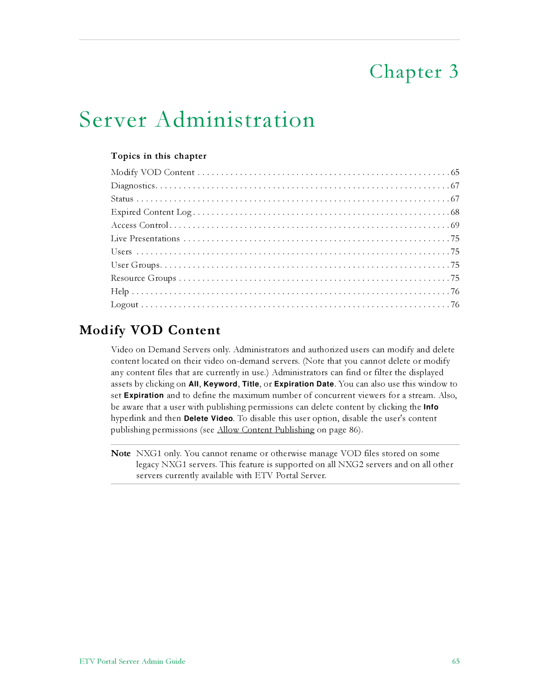 VBrick Systems ETV v4.1 manual Server Administration, Modify VOD Content 