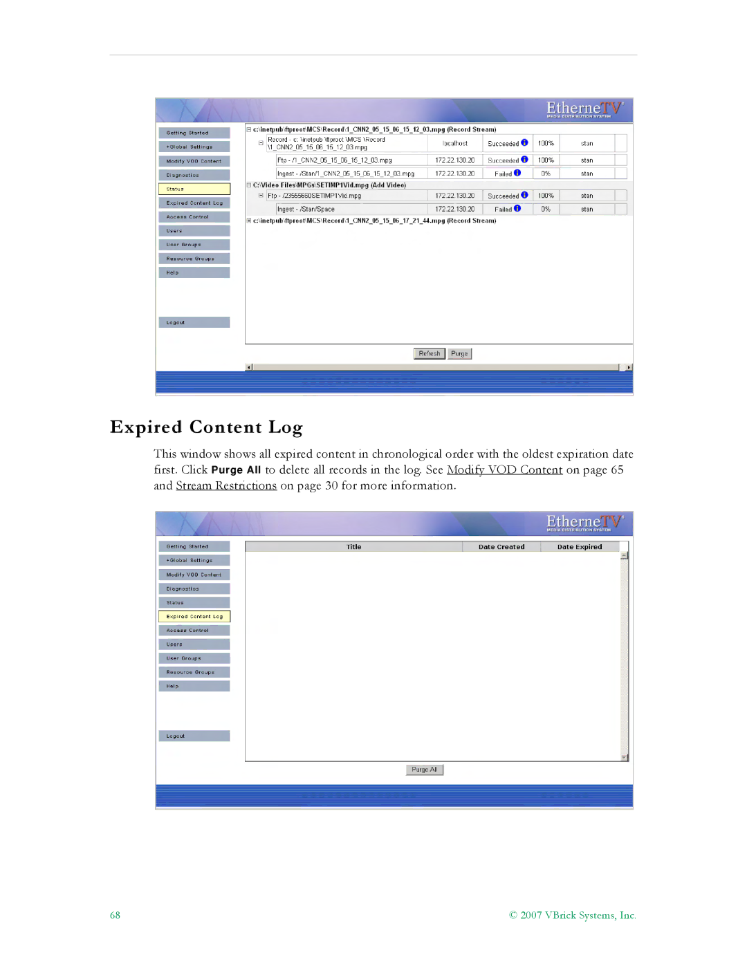 VBrick Systems ETV v4.1 manual Expired Content Log 