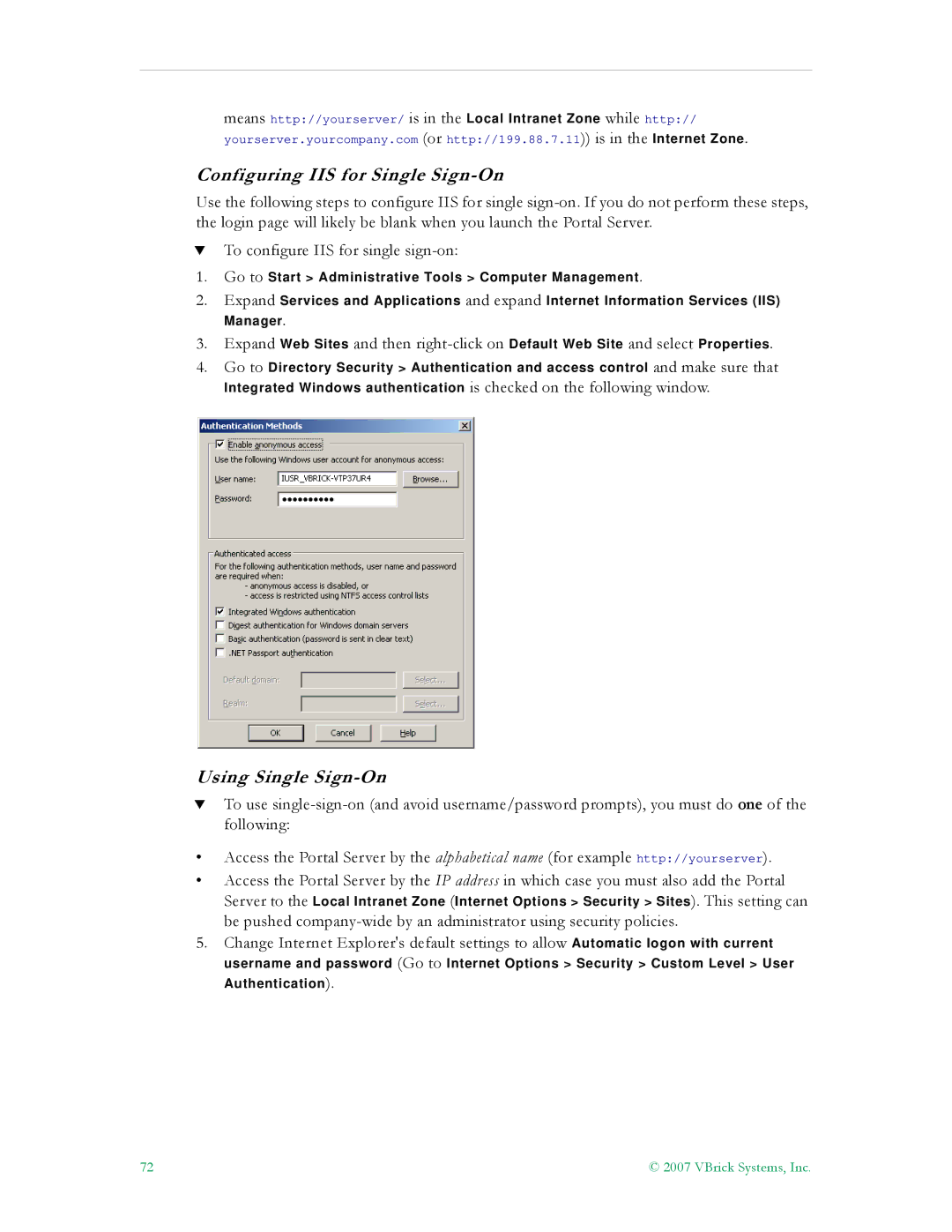 VBrick Systems ETV v4.1 manual Configuring IIS for Single Sign-On, Using Single Sign-On 