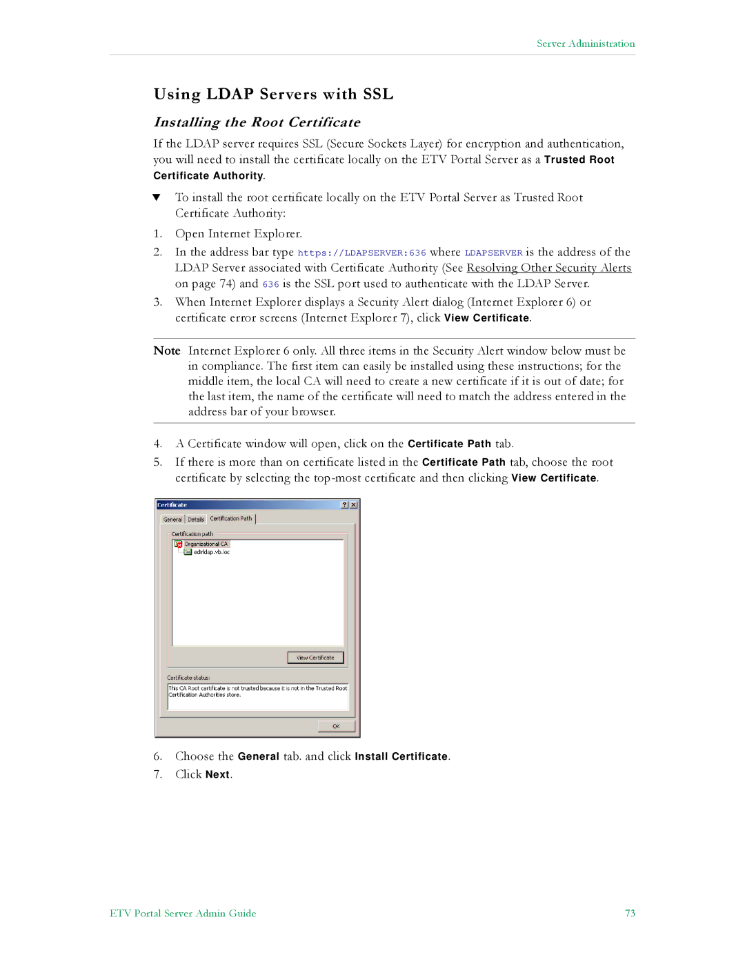 VBrick Systems ETV v4.1 manual Using Ldap Servers with SSL, Installing the Root Certificate 