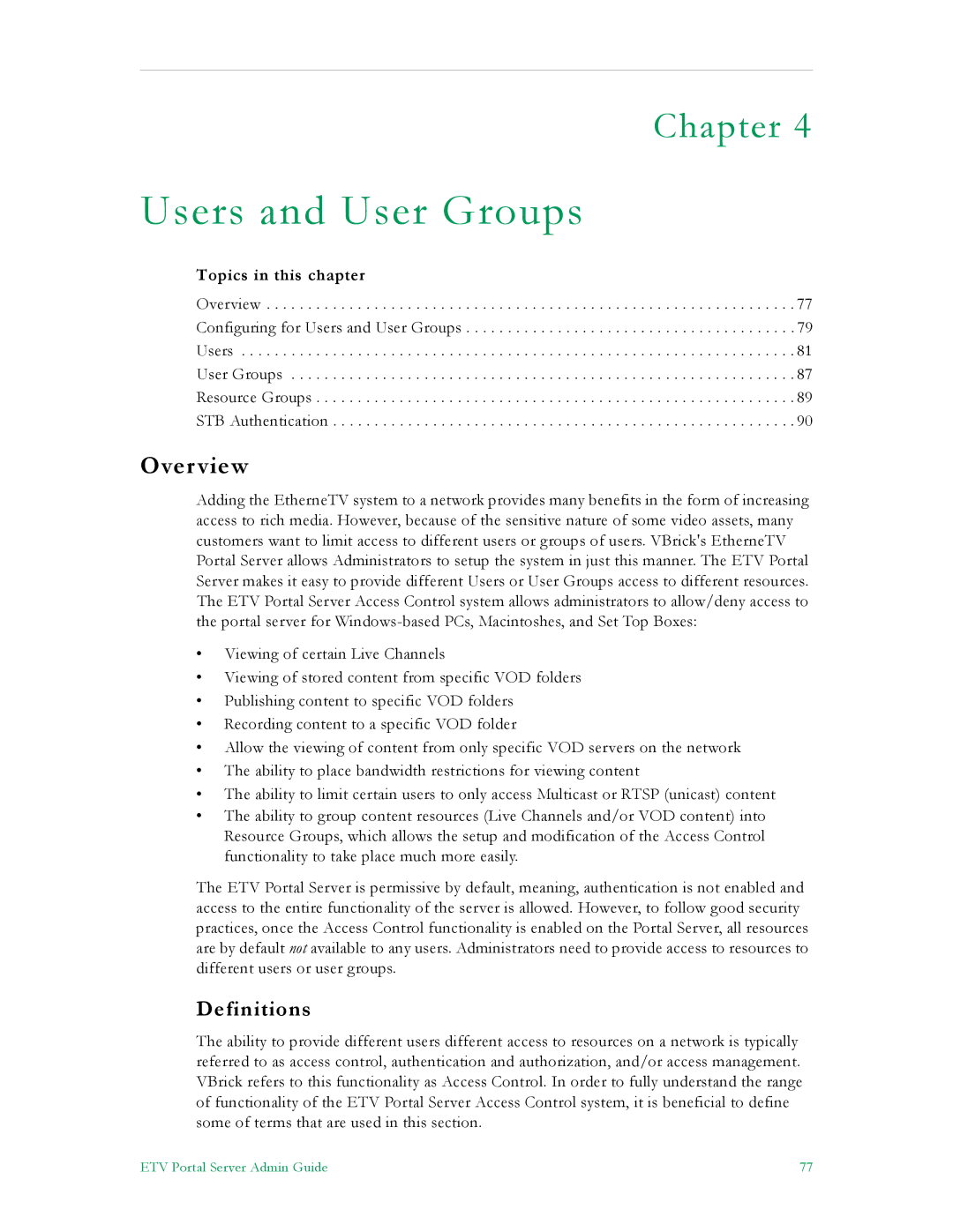 VBrick Systems ETV v4.1 manual Users and User Groups, Overview, Definitions 