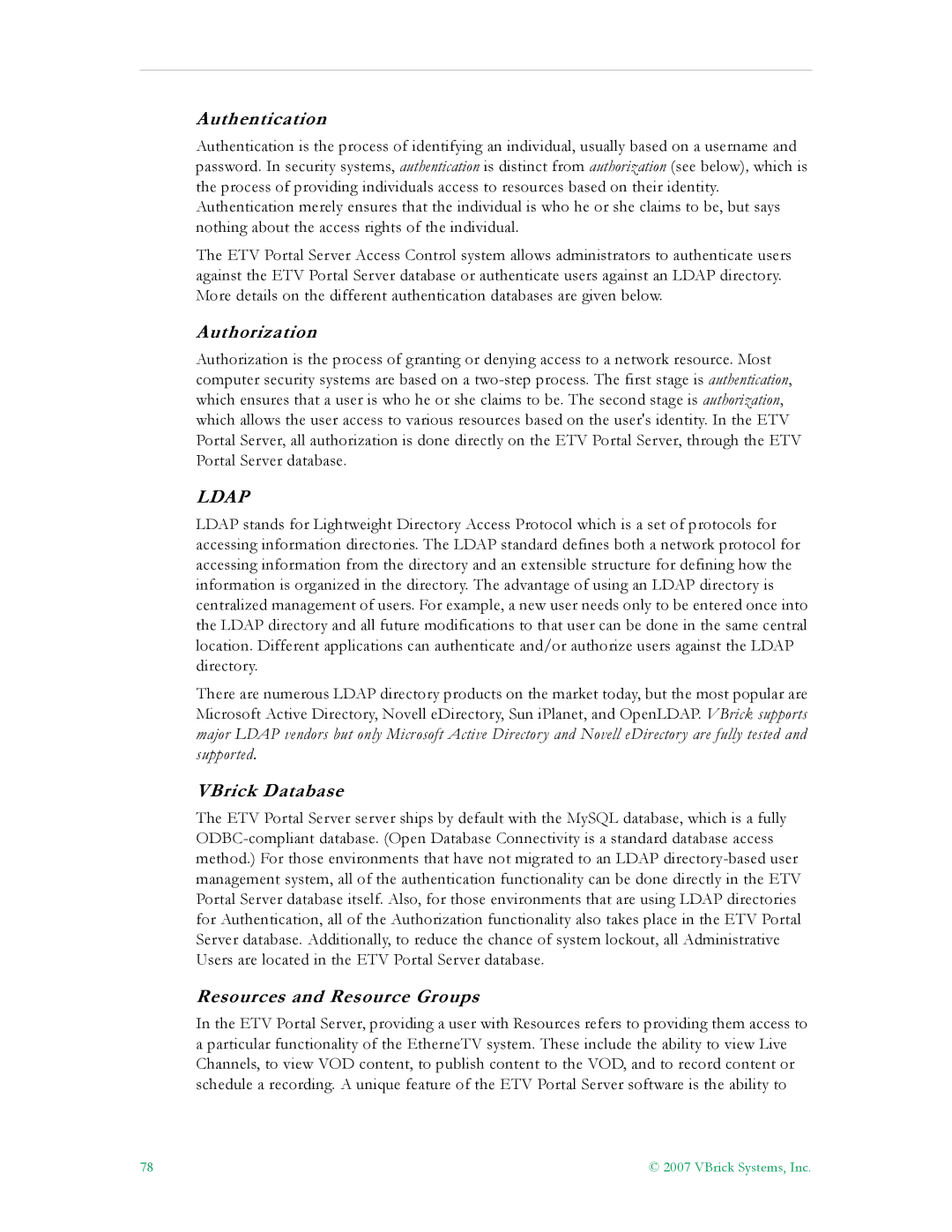 VBrick Systems ETV v4.1 manual Authentication, Authorization, VBrick Database, Resources and Resource Groups 