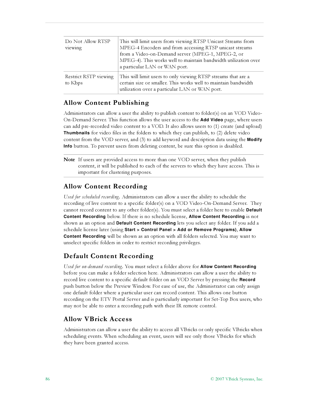 VBrick Systems ETV v4.1 Allow Content Publishing, Allow Content Recording, Default Content Recording, Allow VBrick Access 