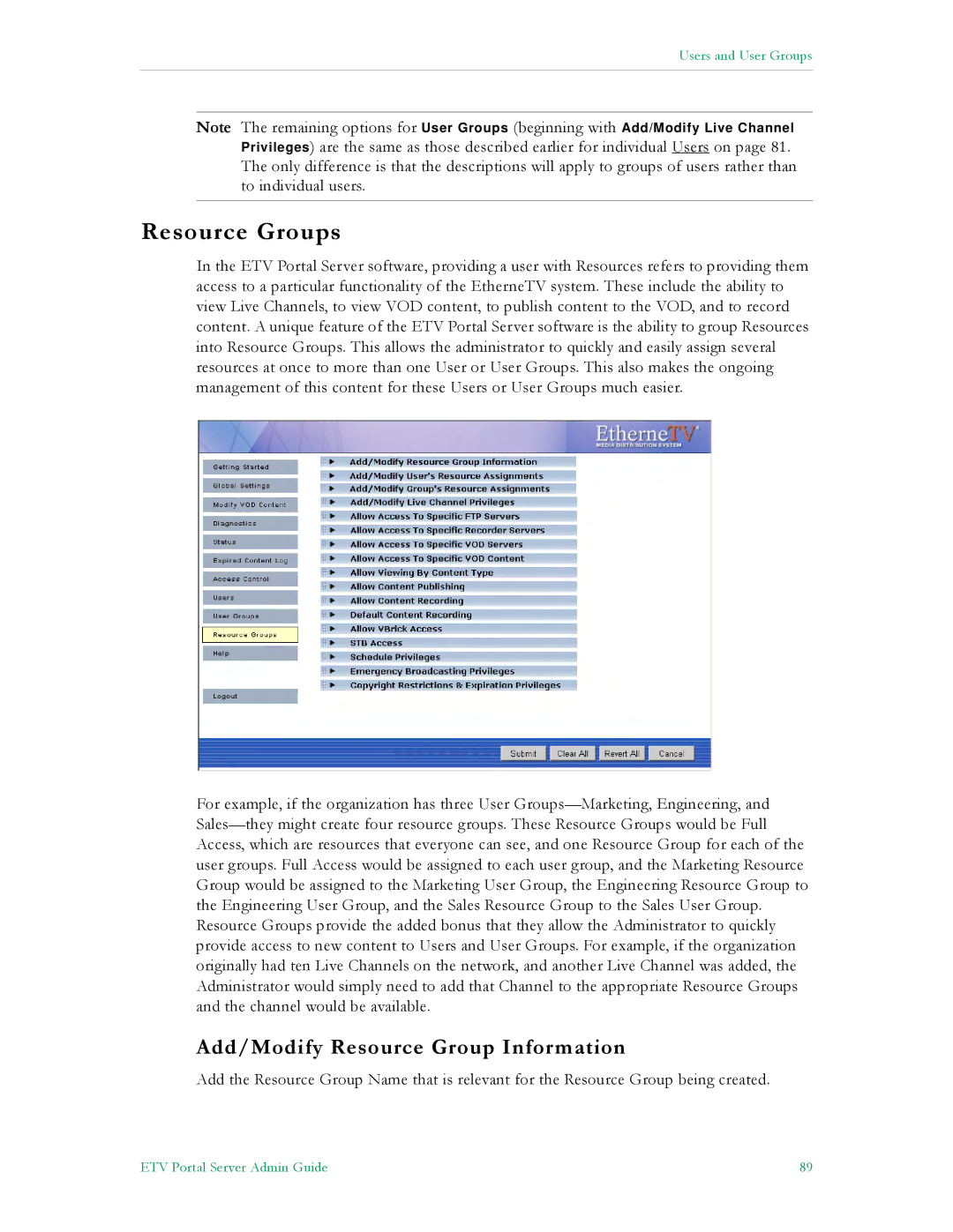 VBrick Systems ETV v4.1 manual Resource Groups, Add/Modify Resource Group Information 