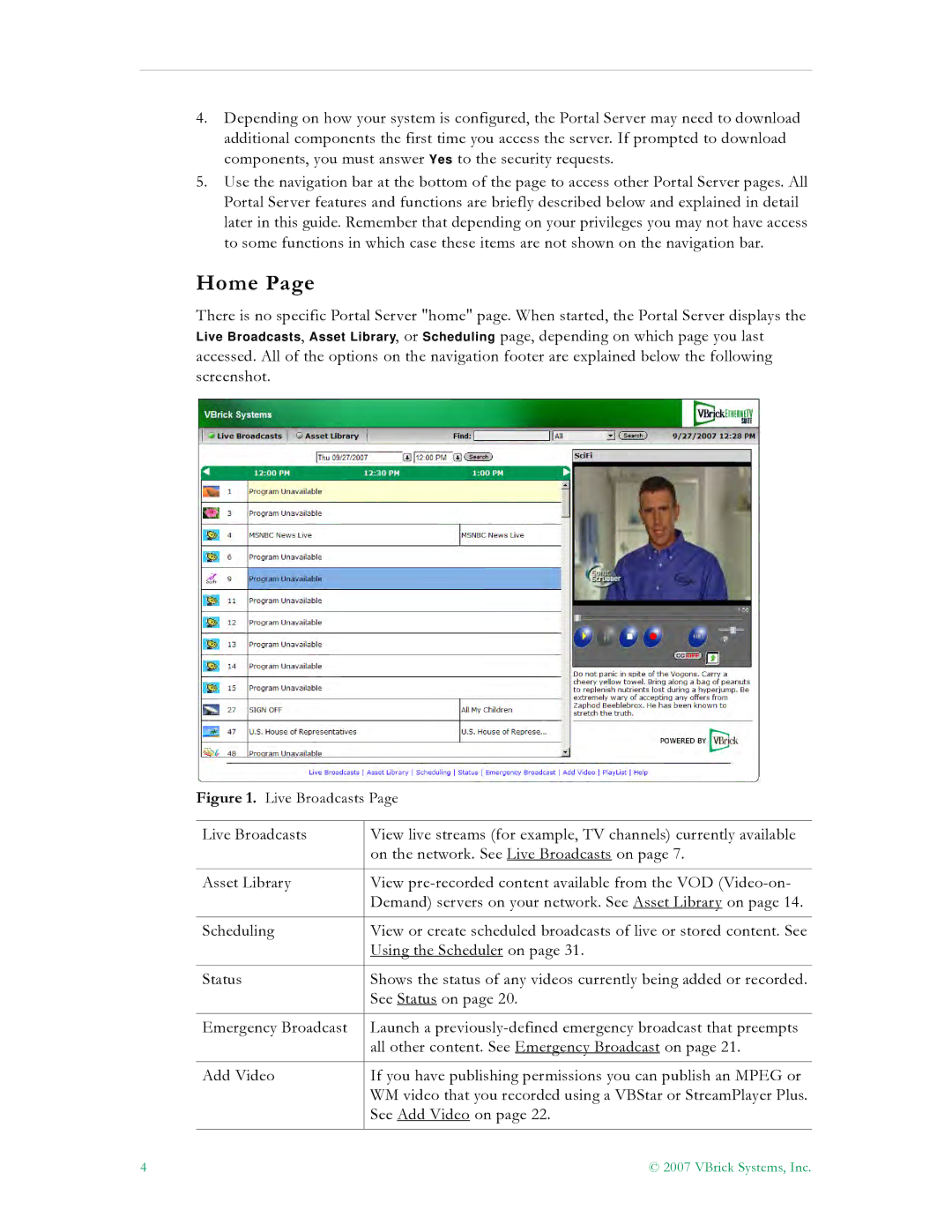 VBrick Systems ETV v4.2 manual Home, Live Broadcasts 