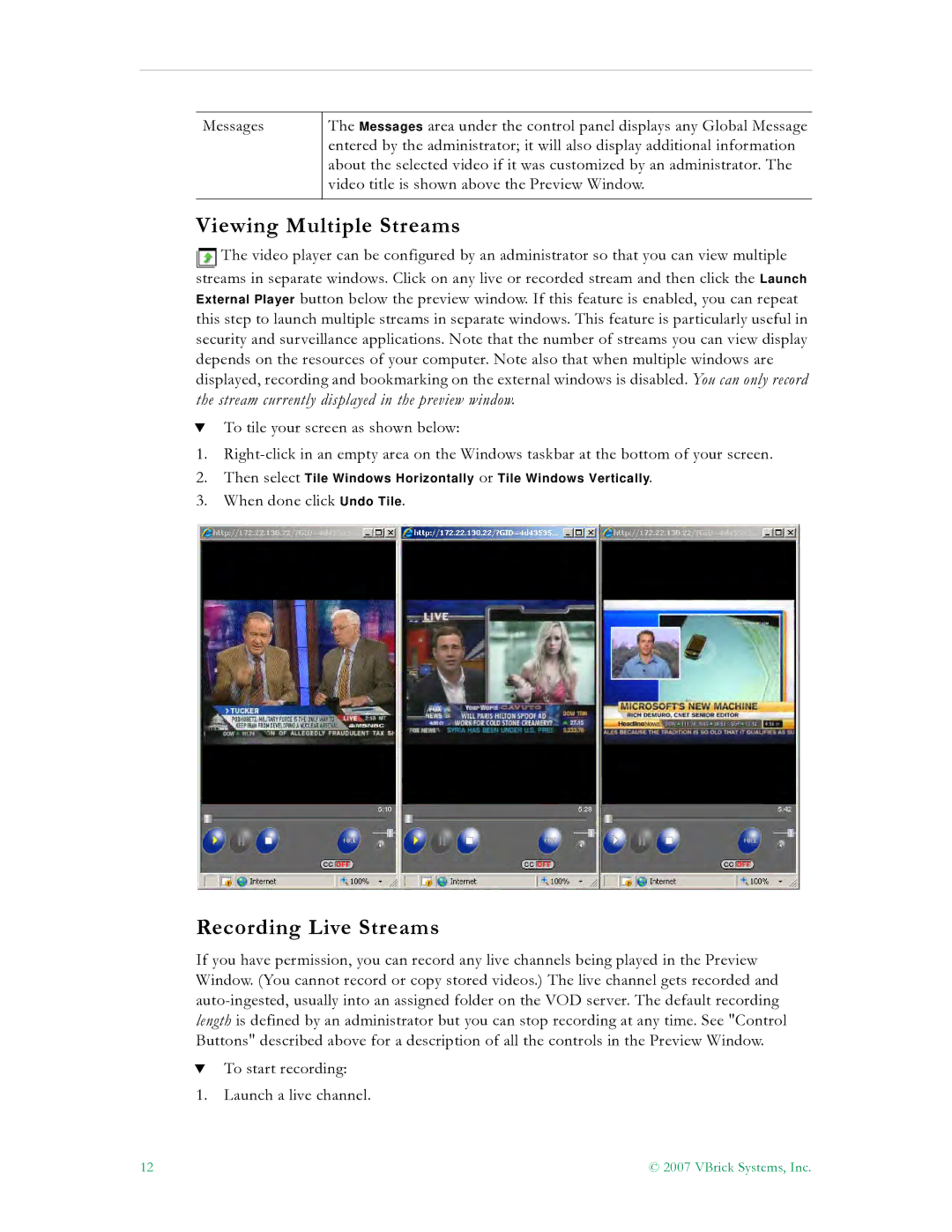 VBrick Systems ETV v4.2 manual Viewing Multiple Streams, Recording Live Streams 