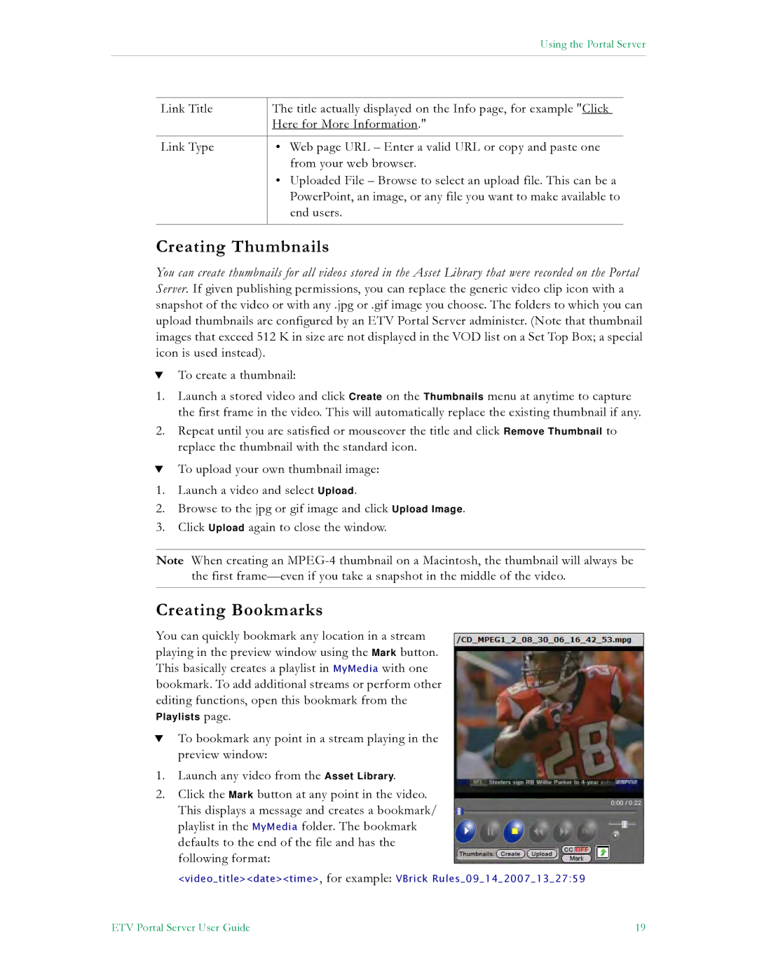 VBrick Systems ETV v4.2 manual Creating Thumbnails, Creating Bookmarks 