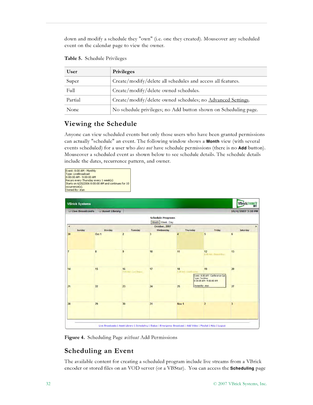 VBrick Systems ETV v4.2 manual Viewing the Schedule, Scheduling an Event, User Privileges 