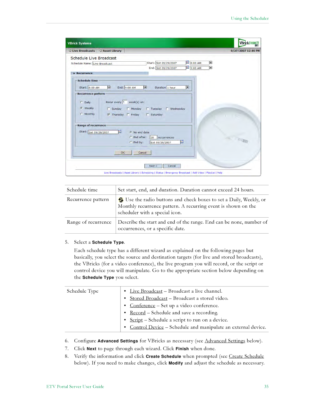 VBrick Systems ETV v4.2 manual Using the Scheduler 