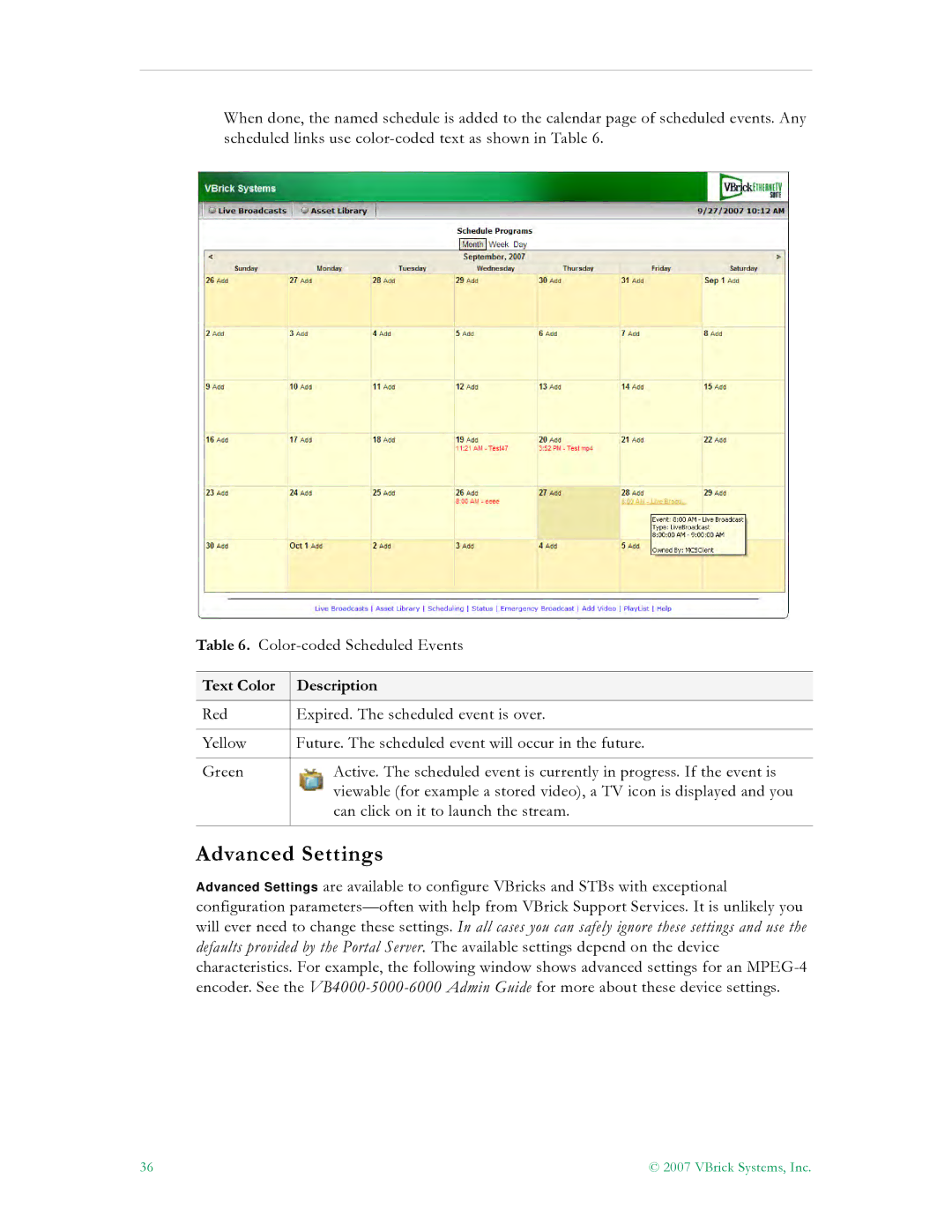 VBrick Systems ETV v4.2 manual Advanced Settings, Text Color Description 