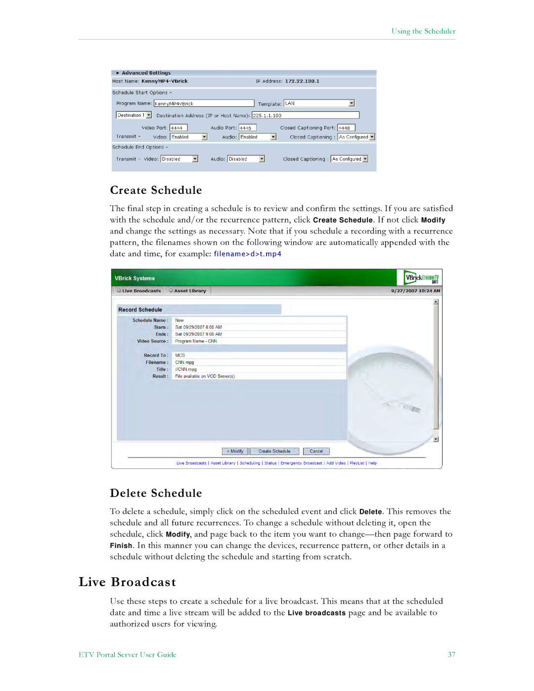 VBrick Systems ETV v4.2 manual Live Broadcast, Create Schedule, Delete Schedule 