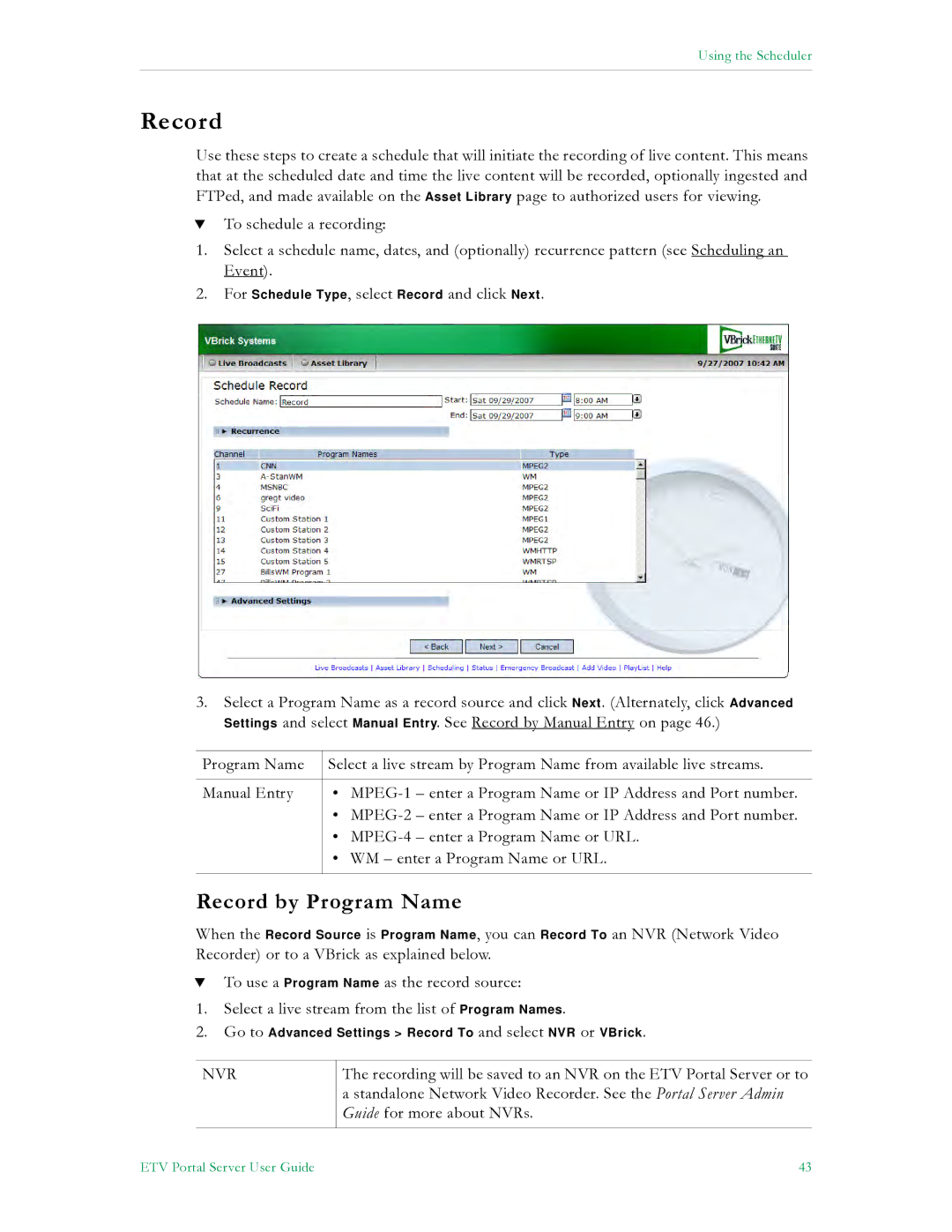 VBrick Systems ETV v4.2 manual Record by Program Name 