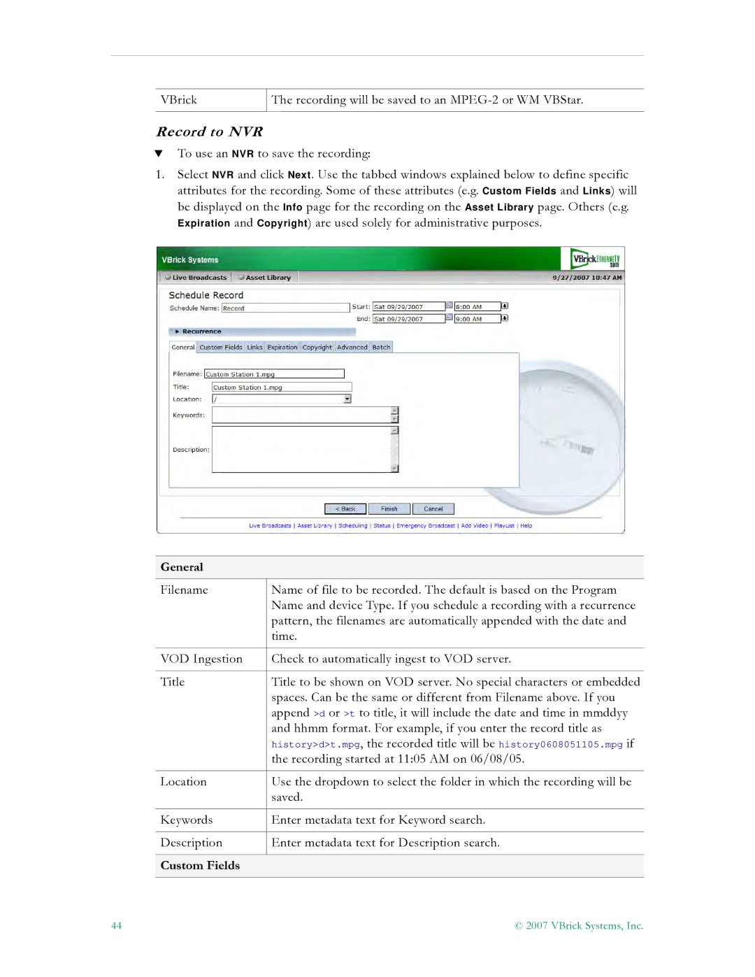 VBrick Systems ETV v4.2 manual General, Custom Fields 