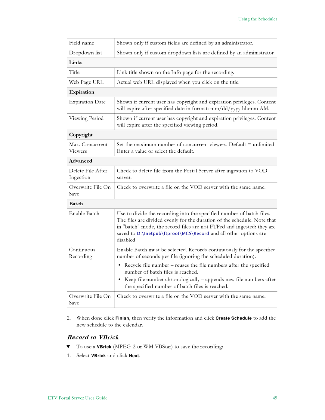 VBrick Systems ETV v4.2 manual Links, Expiration, Copyright, Advanced, Batch 