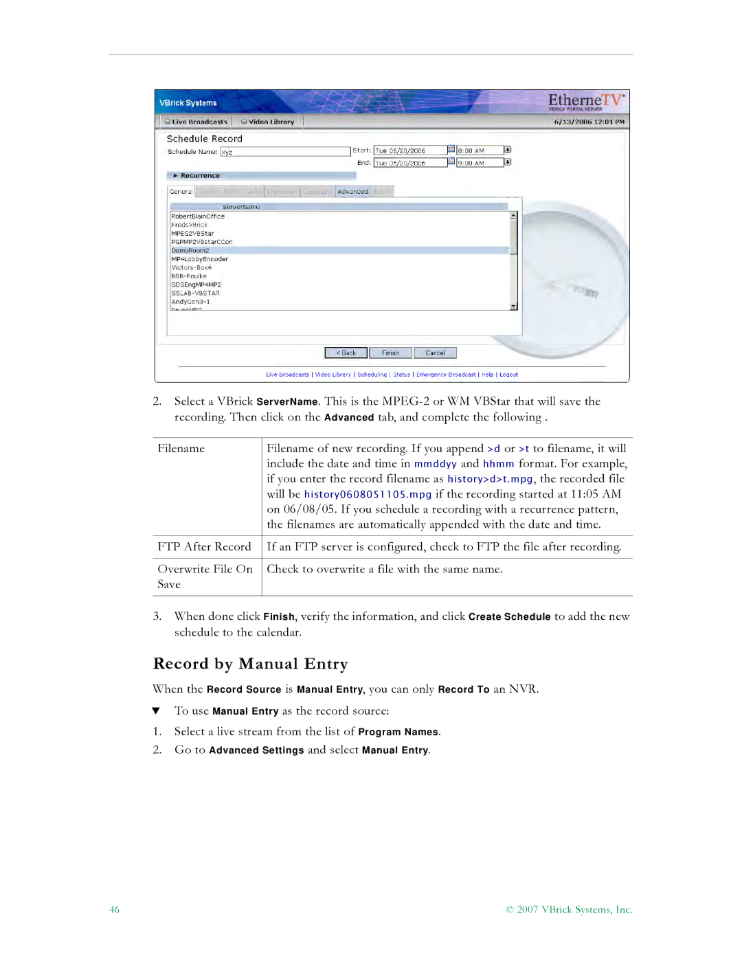 VBrick Systems ETV v4.2 manual Record by Manual Entry 