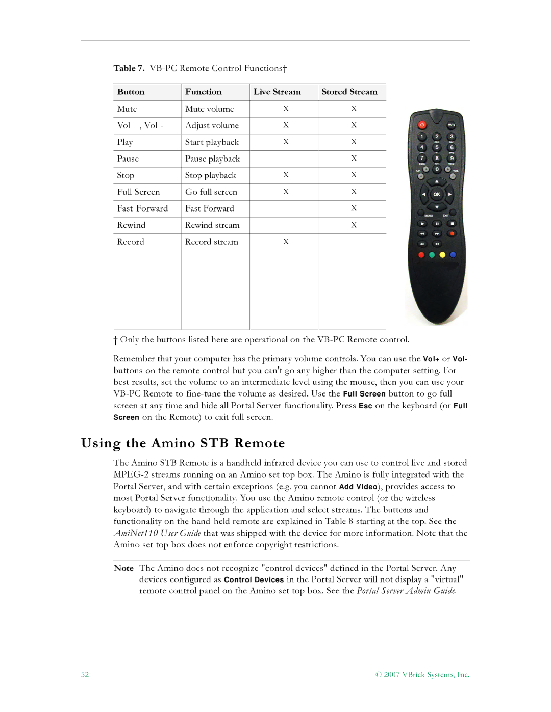 VBrick Systems ETV v4.2 manual Using the Amino STB Remote, Button Function Live Stream Stored Stream 