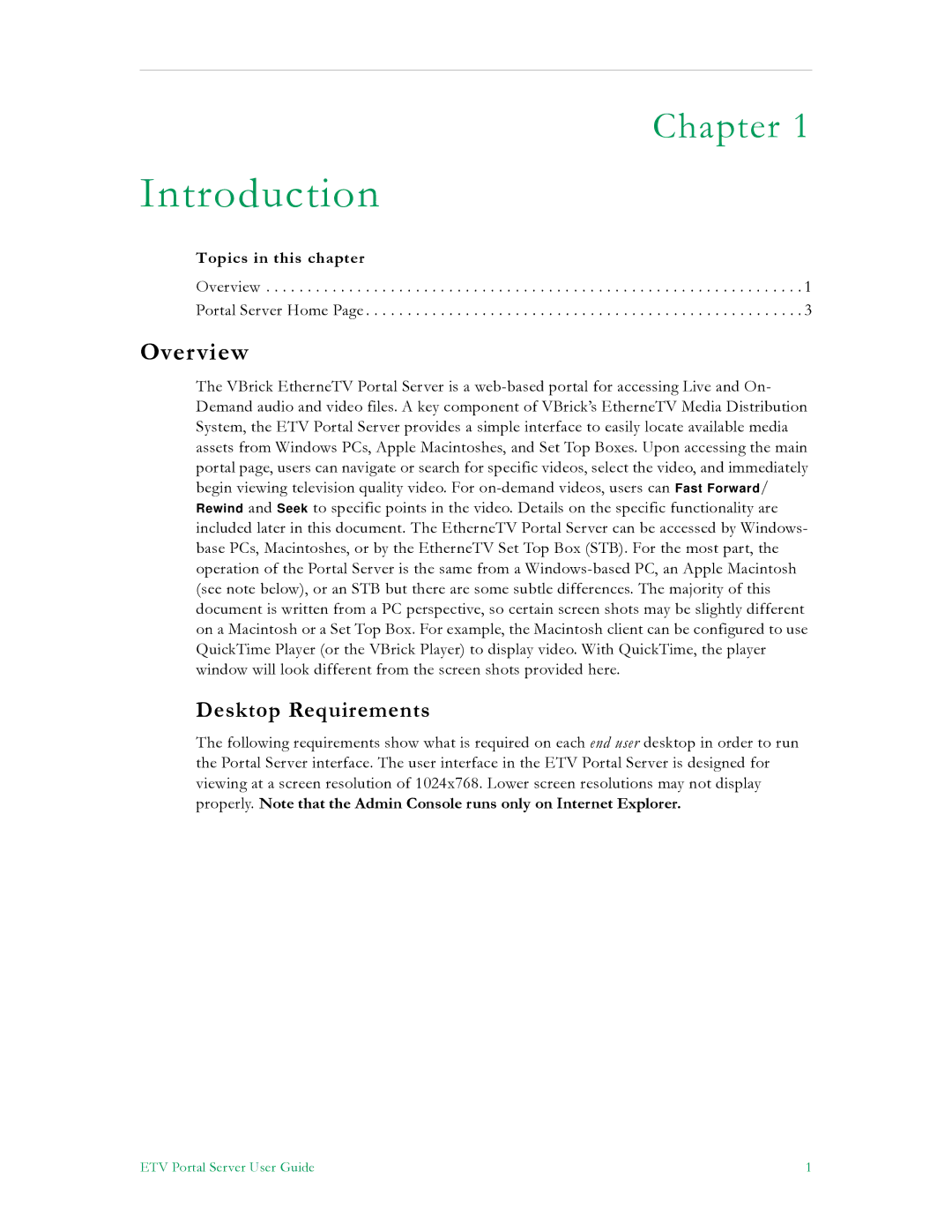 VBrick Systems ETV v4.2 manual Overview, Desktop Requirements, Topics in this chapter 