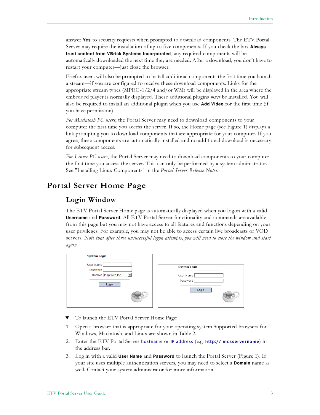 VBrick Systems ETV v4.2 manual Portal Server Home, Login Window 