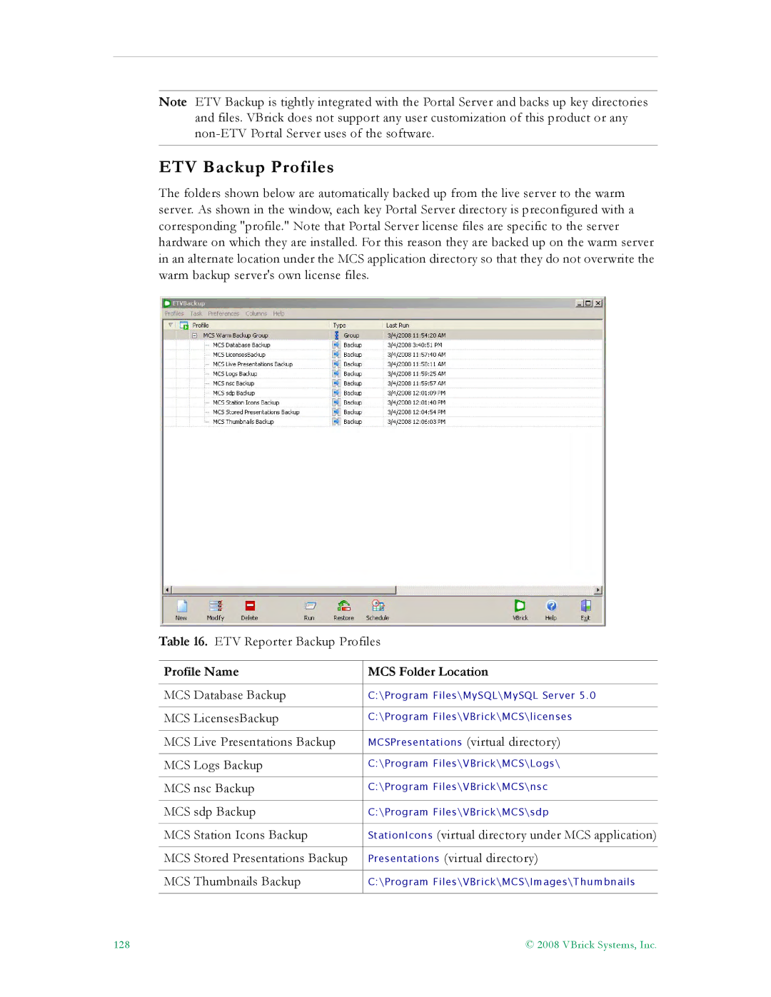 VBrick Systems ETV v4.2.1 manual ETV Backup Profiles, Profile Name MCS Folder Location 