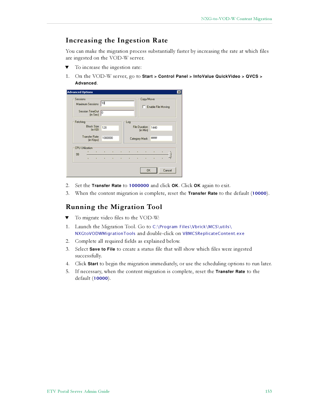 VBrick Systems ETV v4.2.1 manual Increasing the Ingestion Rate, Running the Migration Tool 