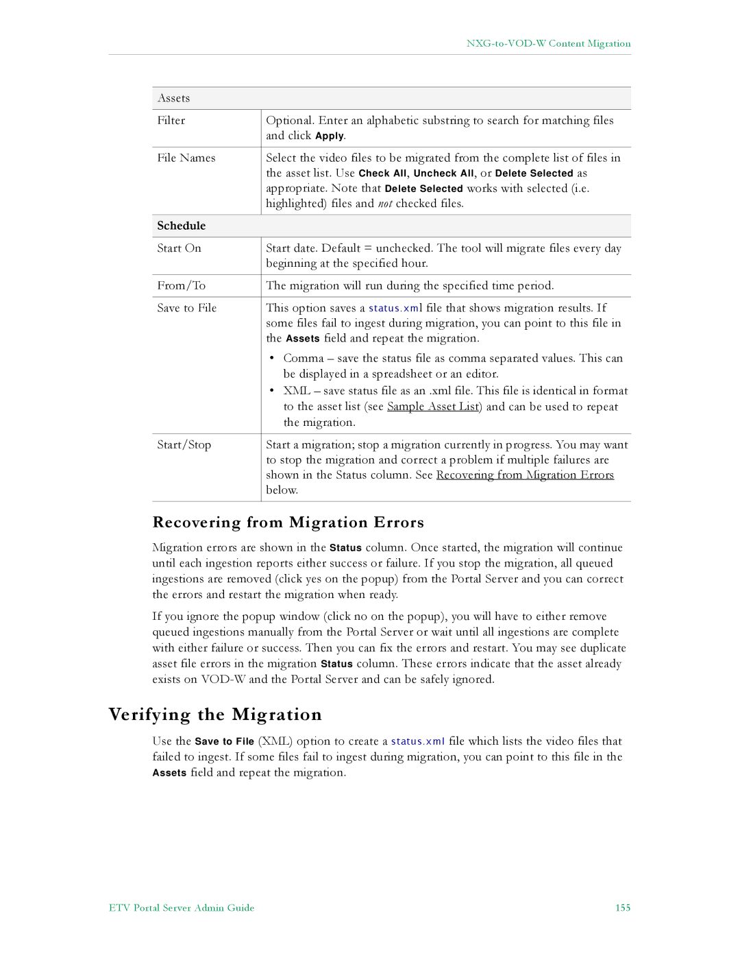 VBrick Systems ETV v4.2.1 manual Verifying the Migration, Recovering from Migration Errors, Schedule 