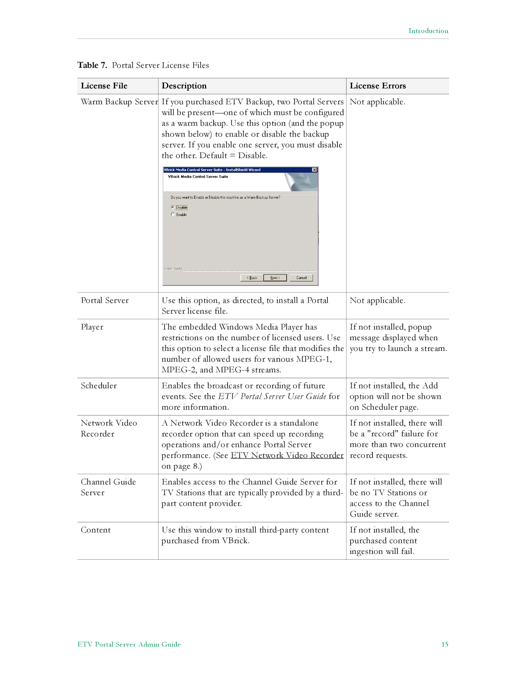 VBrick Systems ETV v4.2.1 manual License File Description License Errors, Events. See the ETV Portal Server User Guide for 