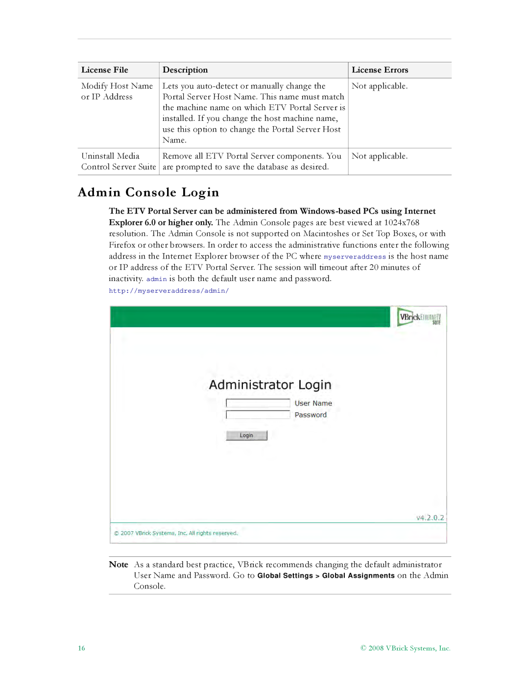 VBrick Systems ETV v4.2.1 manual Admin Console Login 