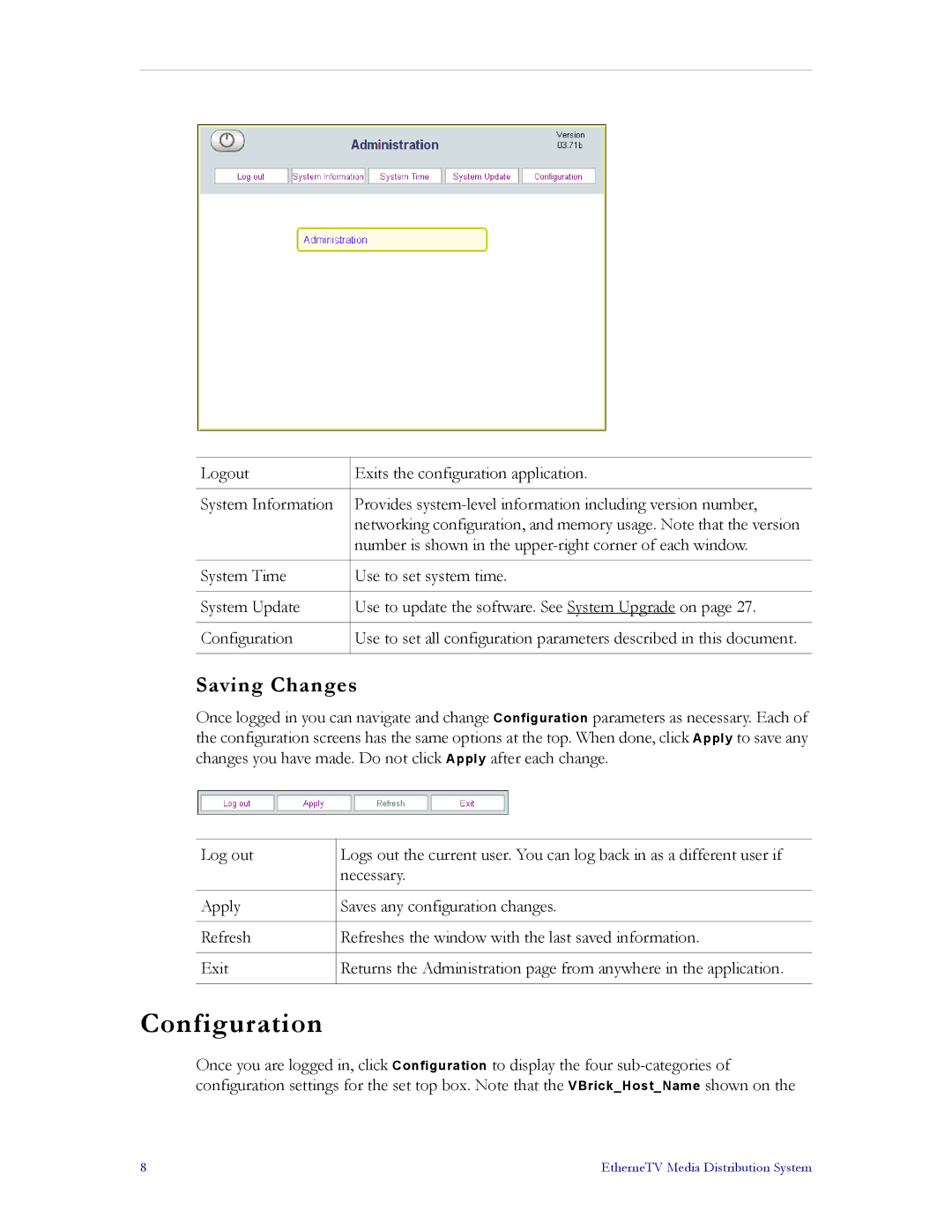 VBrick Systems MPEG-4, MPEG-2, MPEG-1 manual Configuration, Saving Changes 