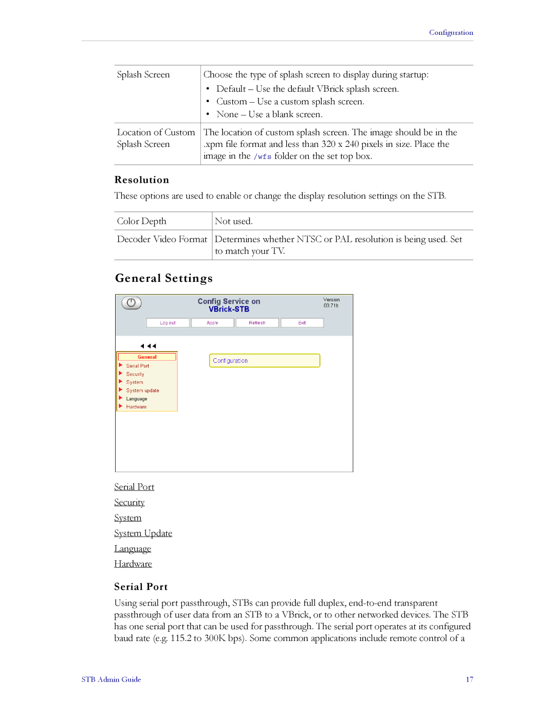 VBrick Systems MPEG-4, MPEG-2, MPEG-1 manual General Settings, Resolution, Serial Port 