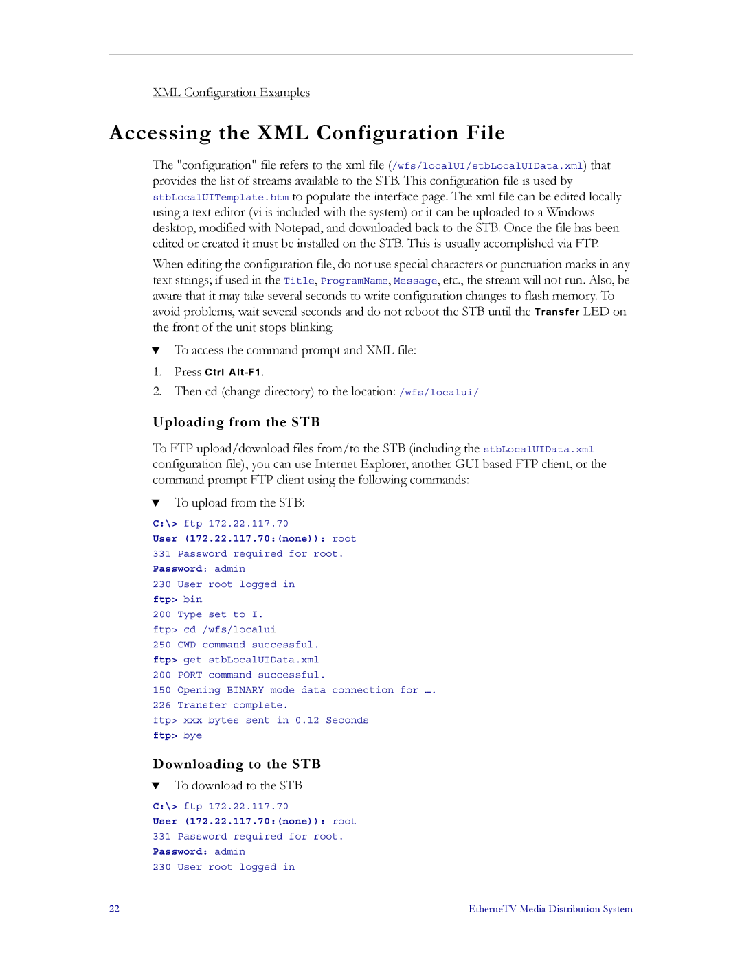 VBrick Systems MPEG-1, MPEG-2, MPEG-4 Accessing the XML Configuration File, Uploading from the STB, Downloading to the STB 