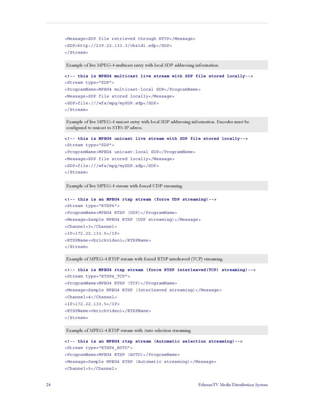 VBrick Systems MPEG-2, MPEG-1 manual Example of live MPEG-4 stream with forced UDP streaming 